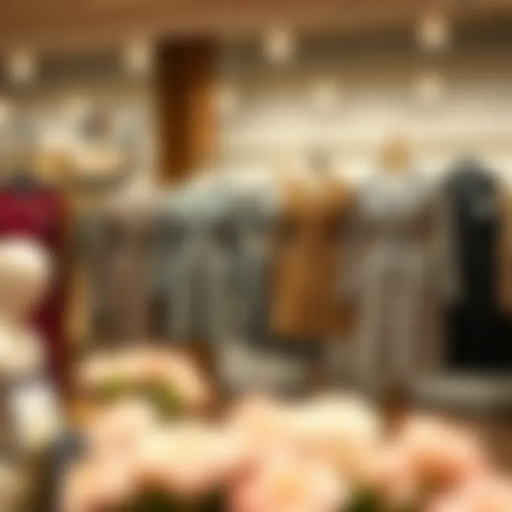 Various styles of button front tweed dresses displayed in a boutique