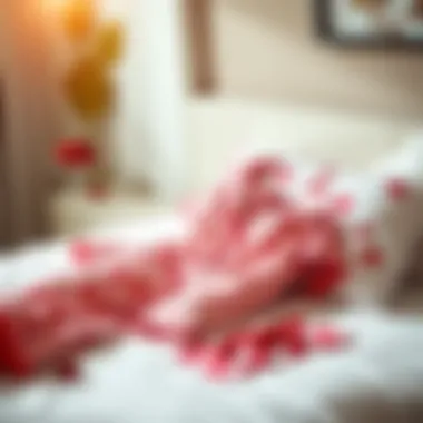 Stylish Cherry Pajama Set Display Elegant cherry pajama set displayed on a soft bed