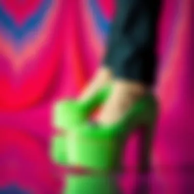 Stylish green platform shoes on a vibrant background