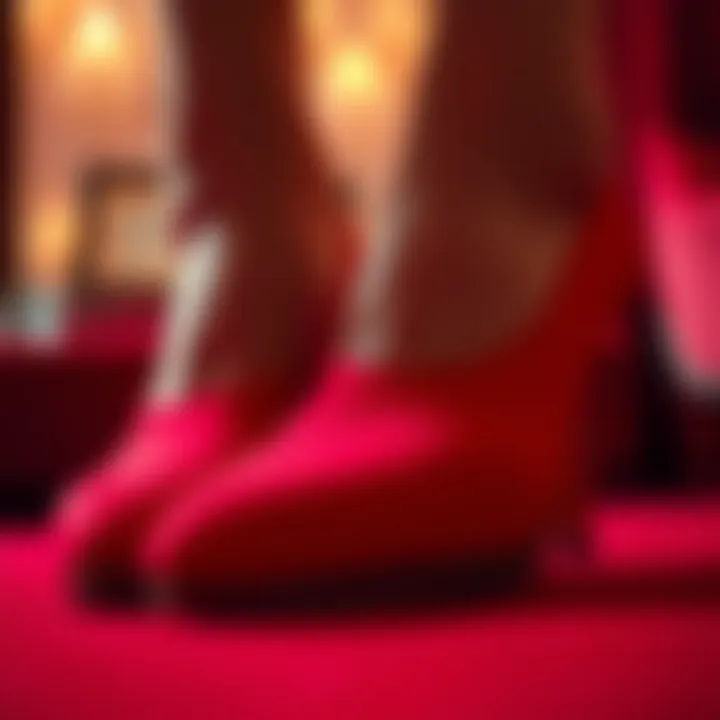 Luxurious Texture of Red Footwear Close-up shot of luxurious red shoe fabric texture