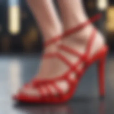 Intricate Design of Red Strappy Shoes A close-up view showcasing the intricate design and craftsmanship of red strappy shoes.
