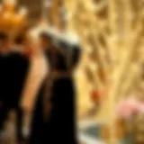 Elegant black and gold cocktail dress on display