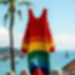 Vibrant rainbow knit dress on a scenic background