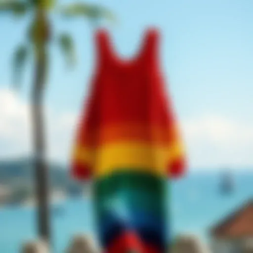 Vibrant rainbow knit dress on a scenic background