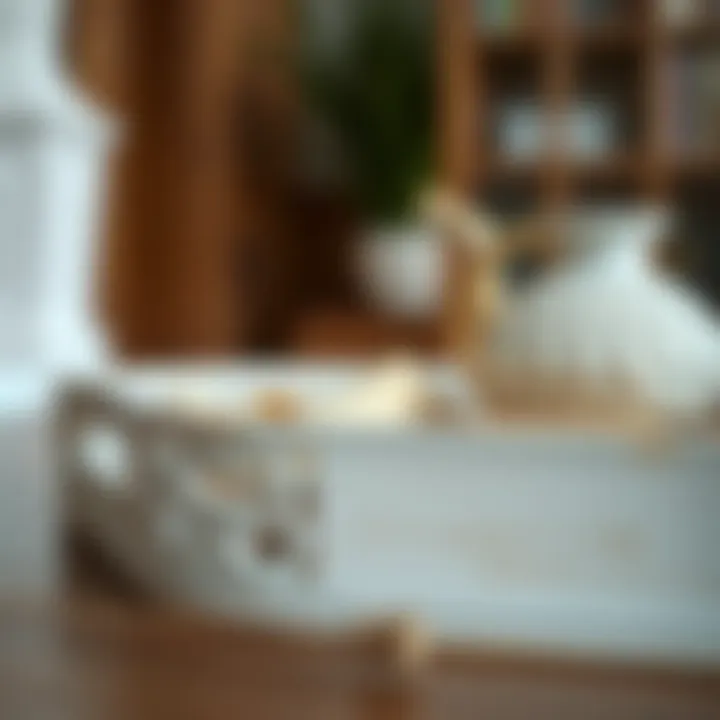 Close-up of a white washed wood tray showcasing intricate craftsmanship