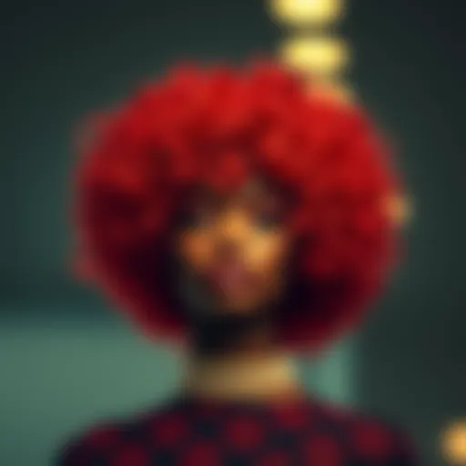 Vibrant Red Afro Wig Styling Vibrant red afro wig styled elegantly