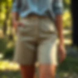 Stylish women's shorts featuring zipper pockets in a casual outdoor setting