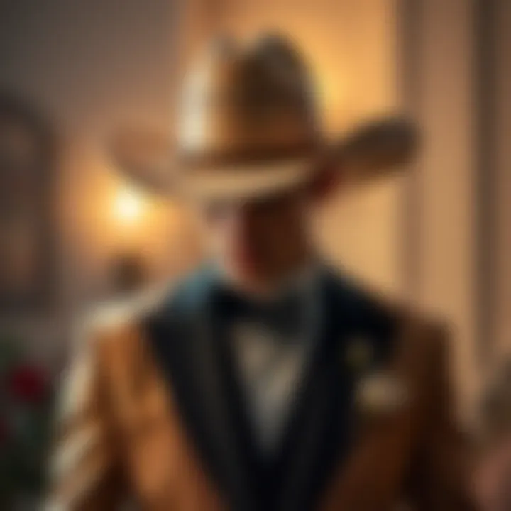 Classic groom cowboy hat in elegant wedding setting