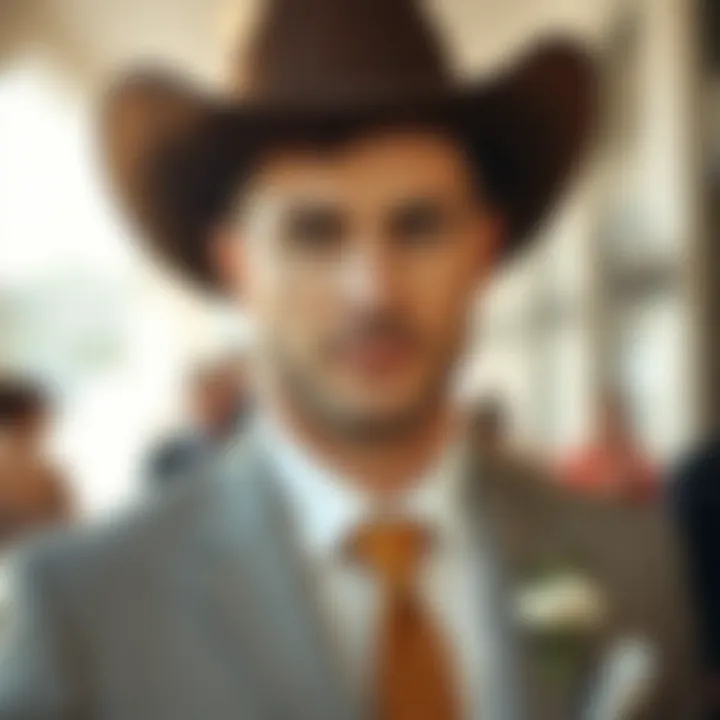 Groom wearing cowboy hat with stylish wedding attire