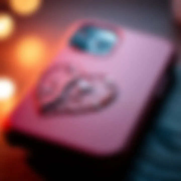Close-up of a heart phone case with unique textures illustrating tech-fashion synergy