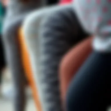 Close-up of various legging fabrics highlighting texture and design.