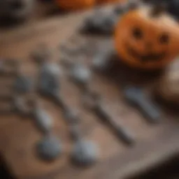 A collection of creatively designed Halloween keychains displayed on a rustic table.