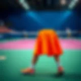 Dynamic display of a neon orange tennis skirt on a vibrant court