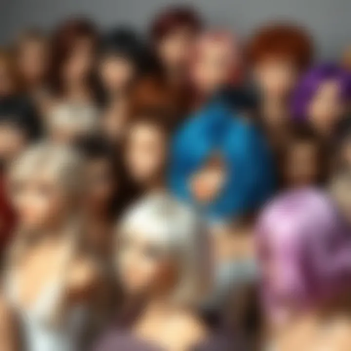 A collection of various pixie cut lace wigs in different colors and styles arranged artistically.