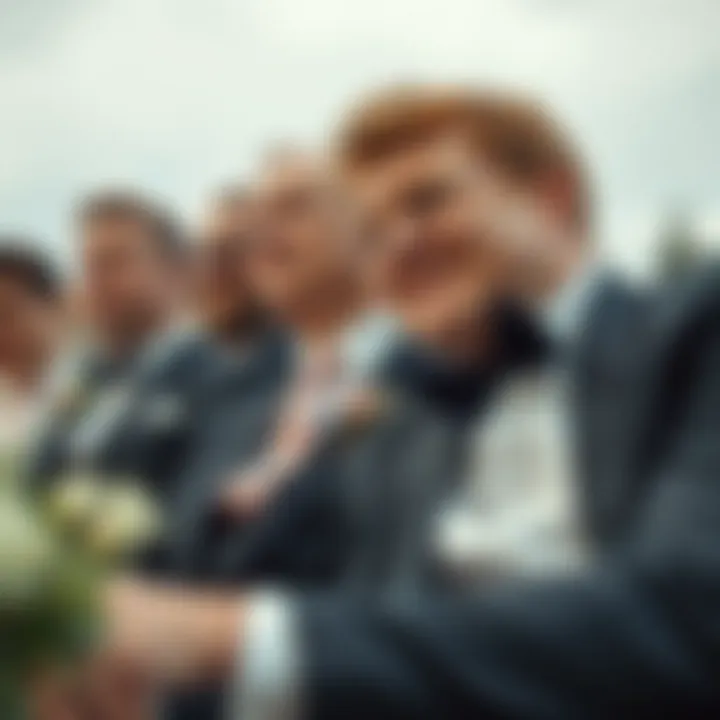 Groomsmen showcasing coordinated sock styles at a wedding