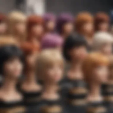 Various types of wig stands arranged aesthetically