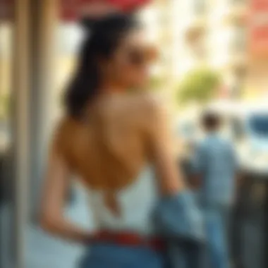 Fashionable Ensemble with Backless Camisole A fashionable ensemble featuring a backless camisole styled with layered accessories