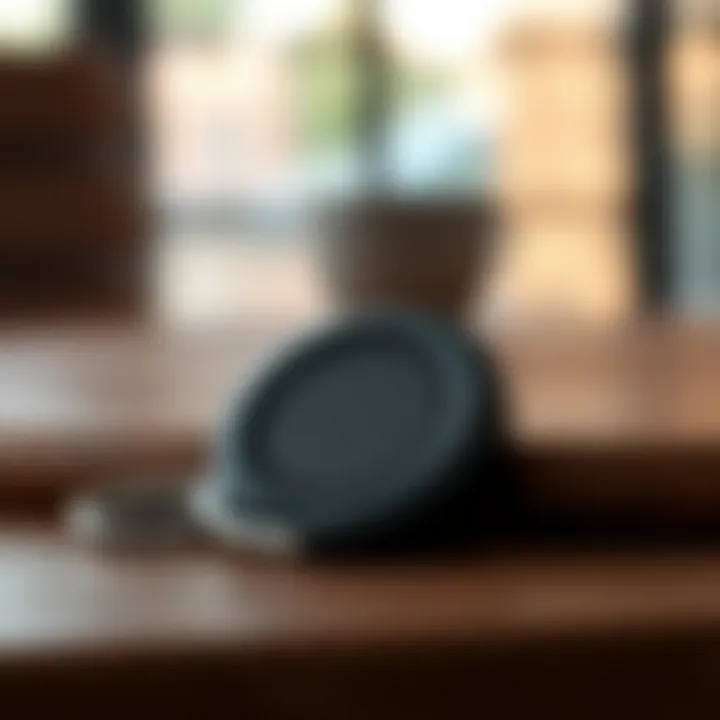 The Compact Design of a Reusable Bag Keychain Sleek and compact reusable bag keychain resting on a wooden surface.