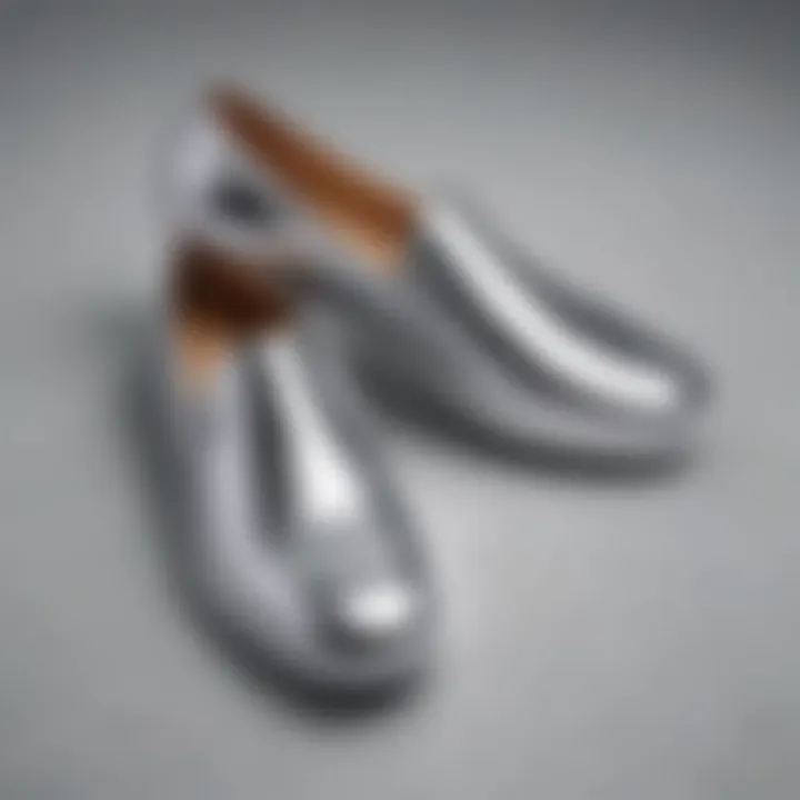 Close-up of sustainable materials used in silver slip-on shoes