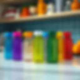Colorful mini refillable bottles arranged on a countertop