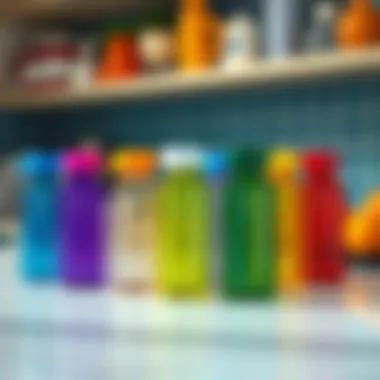 Colorful mini refillable bottles arranged on a countertop
