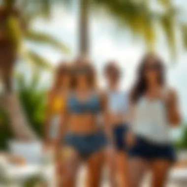 Casual Outdoor Setting with Button Up Swim Tops An outdoor casual setting featuring individuals wearing button up swim tops