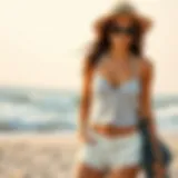 A stylish button up swim top paired with chic beach shorts