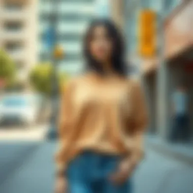 Casual styling of a loose crew neck top in an urban setting