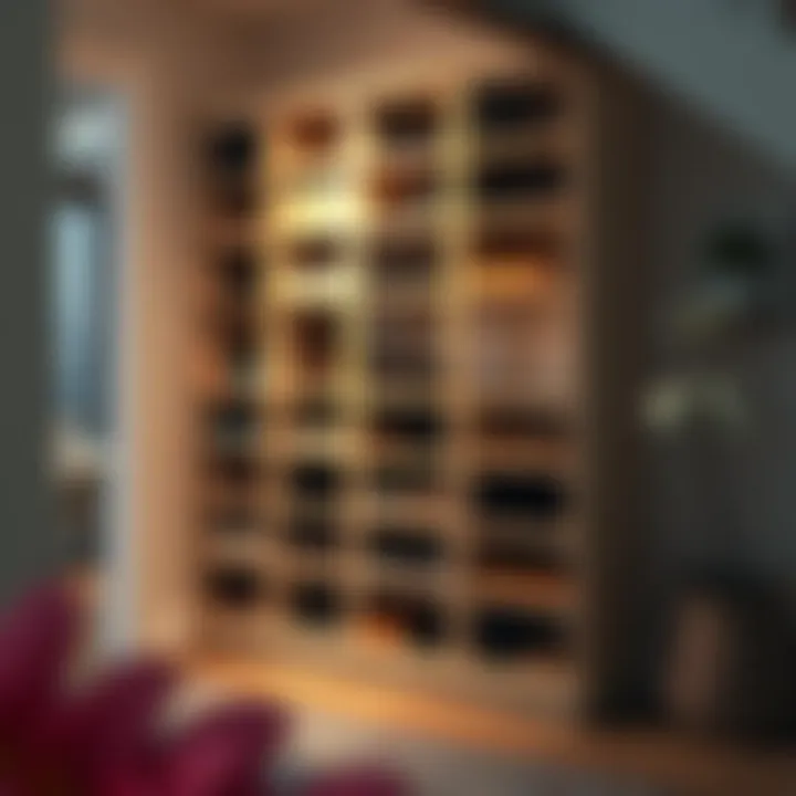 Elegant wooden shoe shelving unit in a cozy entryway