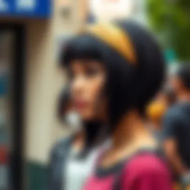 Fashionable individual wearing a chic short headband wig in a casual setting