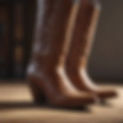 A close-up view of stacked heel cowboy boots showcasing unique craftsmanship.
