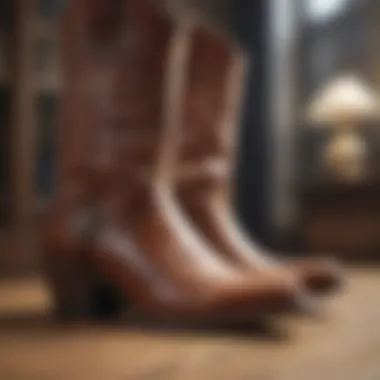 Maintenance of Stacked Heel Cowboy Boots A beautifully maintained pair of stacked heel cowboy boots on display.