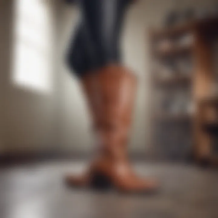 Modern Styling with Stacked Heel Cowboy Boots A fashionable individual wearing stacked heel cowboy boots with a contemporary outfit.