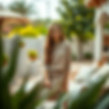 Stylish individual wearing a three-piece lounge set in a chic outdoor setting