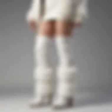 Fashionable outfit featuring white fuzzy leg warmers paired with stylish boots