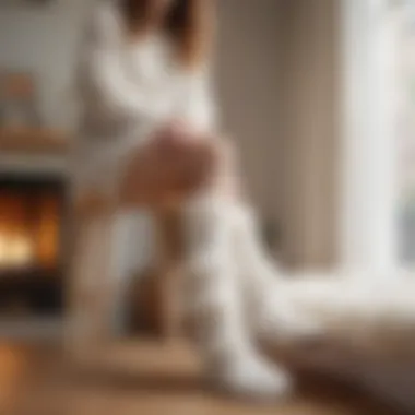 Home Comfort: Embracing White Fuzzy Leg Warmers A serene setting showcasing white fuzzy leg warmers in casual home wear