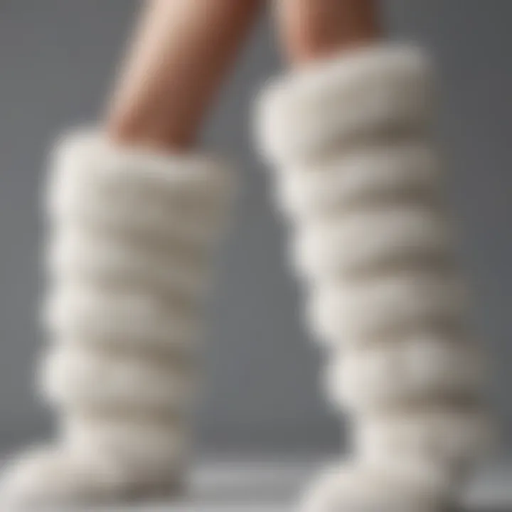 Close-up of soft, textured material of white fuzzy leg warmers