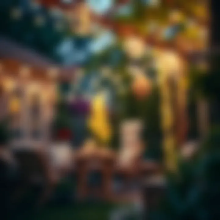 A beautifully decorated outdoor space illuminated by string lights