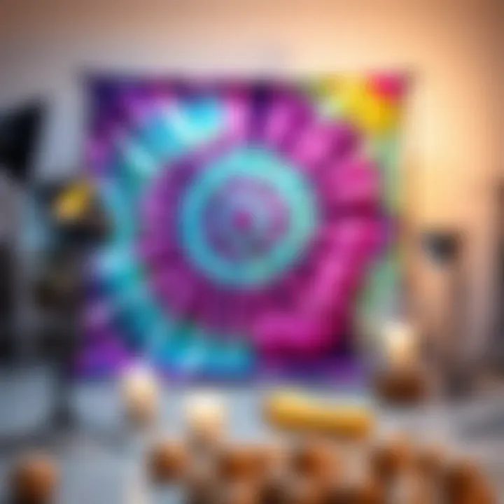 Artistic arrangement of a tie dye backdrop in a studio setting