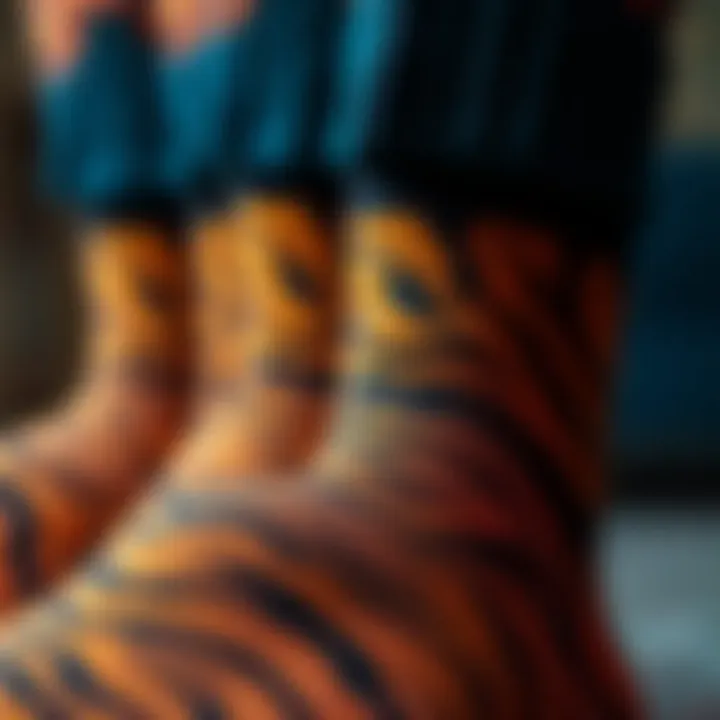 Close-up of the intricate patterns on tiger print socks showcasing their unique design
