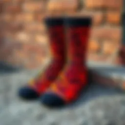 A pair of vibrant tiger print socks displayed stylishly on a textured surface