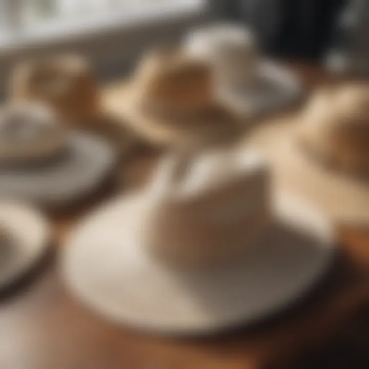 Variety of bridal beach hats displayed on a rustic table