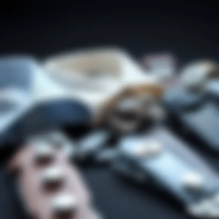 An elegant display of various shirt tuck-in clips in different materials.