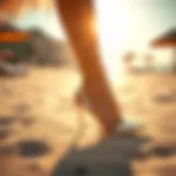Elegant white heels against a sunlit beach backdrop